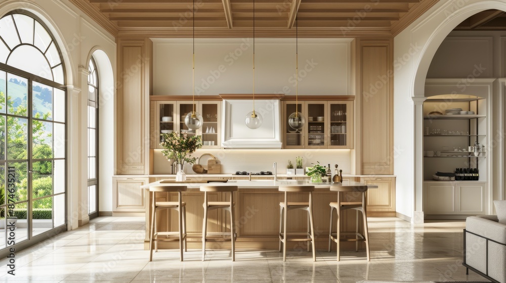 Stylish interior of home kitchen with bar island and cabinet. generative ai Stylish interior of home kitchen with bar island and cabinet. generative ai