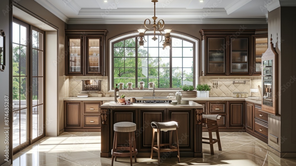 Stylish interior of home kitchen with bar island and cabinet. generative ai Stylish interior of home kitchen with bar island and cabinet. generative ai