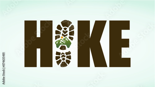 Hike words with bootprint isolated on gradient background.  photo