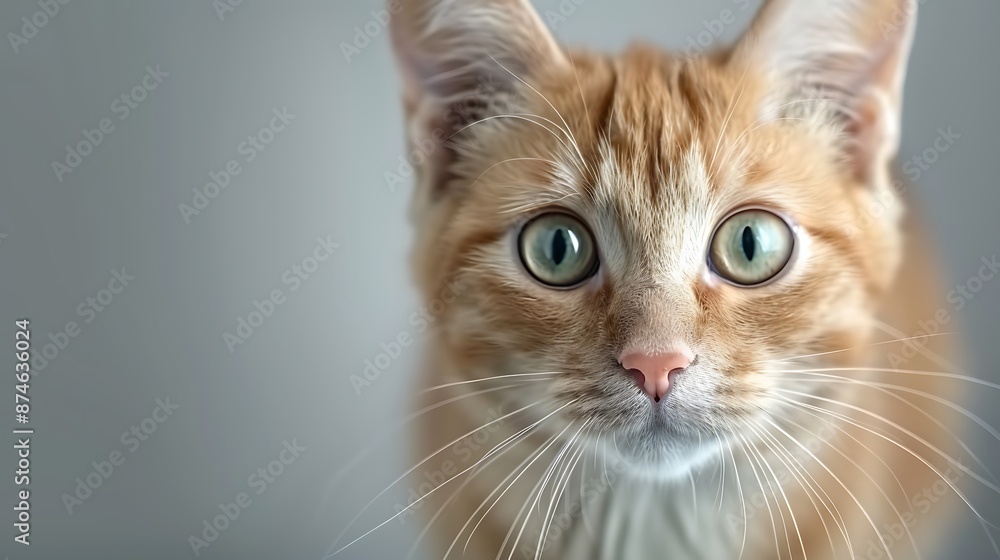 A close-up portrait of a ginger cat with piercing emerald eyes, emanating a soft, ethereal glow. copy space for text, focus cover all adject, deep dept of field, nodust A close-up portrait of a ginger cat with piercing emerald eyes, emanating a soft, ethereal glow. copy space for text, focus cover all adject, deep dept of field, nodust