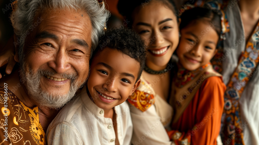 Multi-generational Asian family portrait. Smiling grandfather, mother, and children in traditional clothing. Warm, intimate moment showcasing cultural heritage and family bonds. Multi-generational Asian family portrait. Smiling grandfather, mother, and children in traditional clothing. Warm, intimate moment showcasing cultural heritage and family bonds.