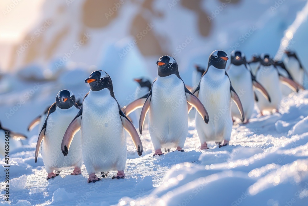 Obraz premium Penguins' Resilient Spirits: Dancing and Thriving in Antarctica's Harshness