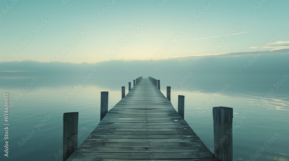 Serene wooden pier extending into calm lake at dawn. Misty horizon and pastel sky reflect on tranquil water. Peaceful nature scene for meditation and relaxation. Serene wooden pier extending into calm lake at dawn. Misty horizon and pastel sky reflect on tranquil water. Peaceful nature scene for meditation and relaxation.