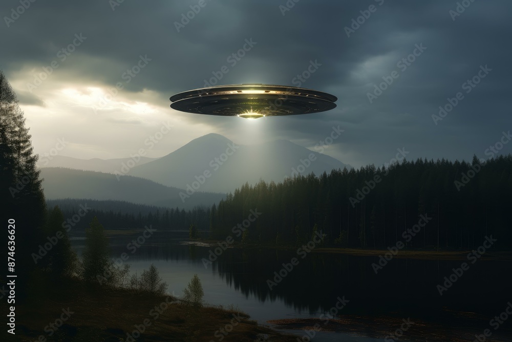 Cinematic portrayal of a flying saucer illuminating a quiet, forest-lined lake with mountains in the backdrop at twilight Cinematic portrayal of a flying saucer illuminating a quiet, forest-lined lake with mountains in the backdrop at twilight