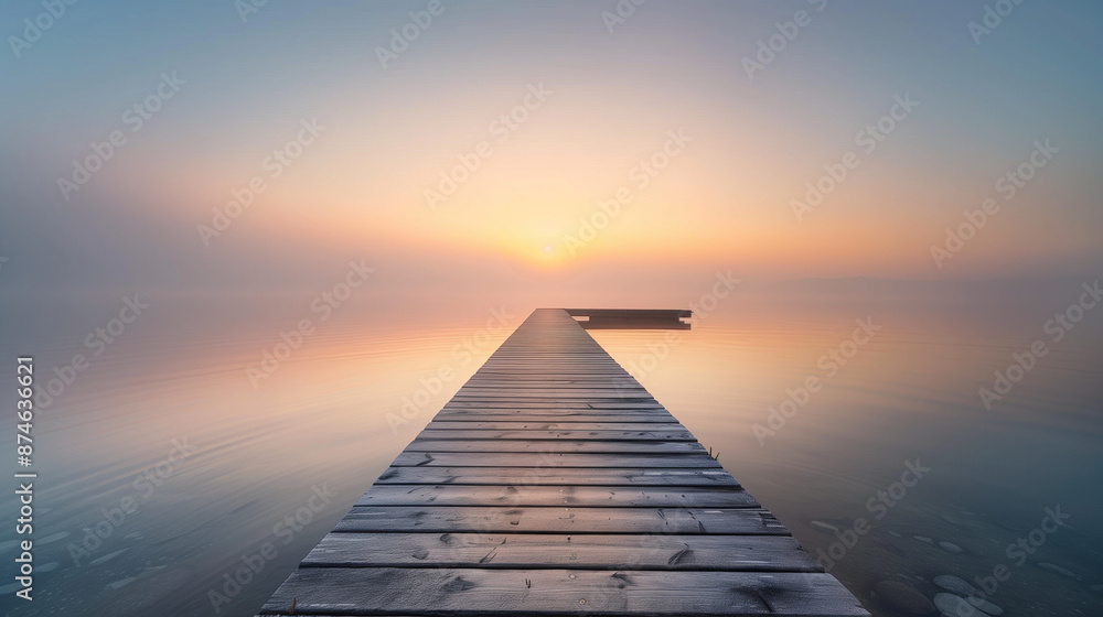 Obraz premium Serene wooden pier extending into misty lake at sunrise. Tranquil water reflection with warm golden light. Minimalist landscape capturing peaceful morning atmosphere and natural beauty.