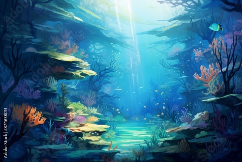 Illustrated underwater scenery with vibrant coral reefs and rays of light filtering through © juliars