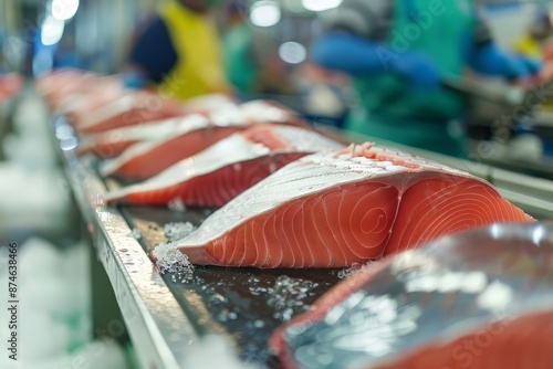 Fresh tuna steaks on a conveyor belt in a processing plant photo