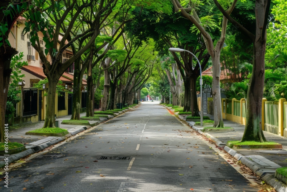 Tree-lined suburban street with large houses on both sides Tree-lined suburban street with large houses on both sides