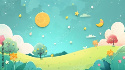 Illustration cartoon drawing of a field with a moon and stars in the sky