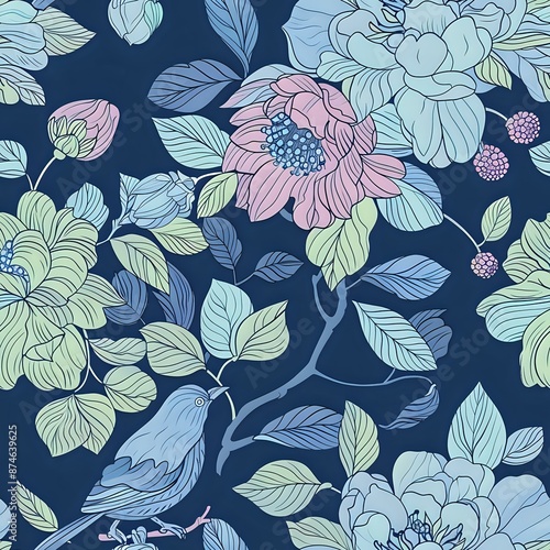 Timeless Botanical Pattern with Light Blue Flower and Pink Accents