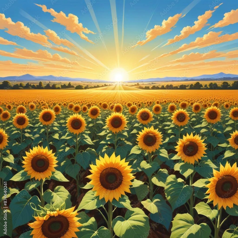 Obraz premium Sunflowers bask under the sun's glow, their golden petals shining brightly. Above, clouds line up in orderly formations, framing the vibrant field with their soft, white patterns.