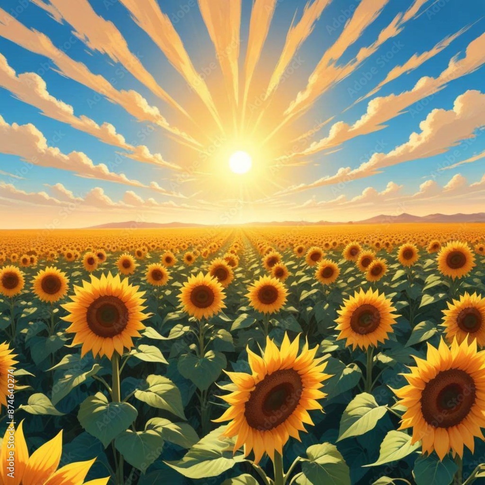 Fototapeta premium A field of sunflowers, illuminated by the sun, stretches endlessly. Above, clouds form neat lines in the sky, encircling the golden blooms. The scene is a radiant tapestry of yellow and blue.