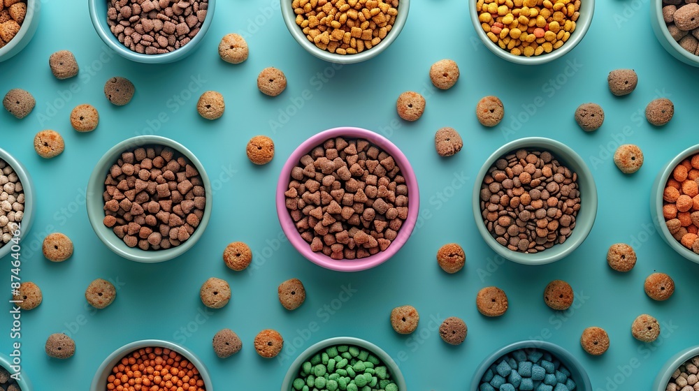 row of pet toys accessories bowl of dry feed on green background flat lay top view.stock image row of pet toys accessories bowl of dry feed on green background flat lay top view.stock image