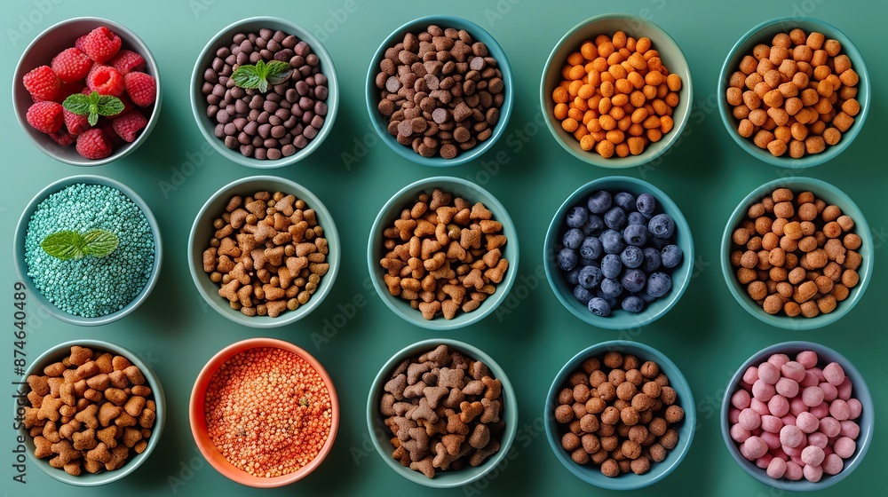 row of pet toys accessories bowl of dry feed on green background flat lay top view.stock image row of pet toys accessories bowl of dry feed on green background flat lay top view.stock image