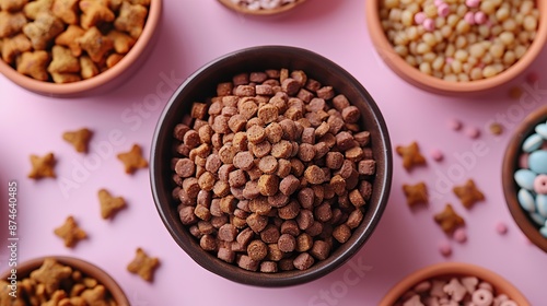 flat lay composition,bowl of dry feed,pet accessories on pink table.stock photo