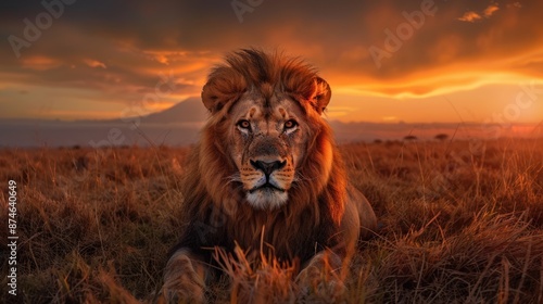 Majestic Lion at Sunset in the African Savanna