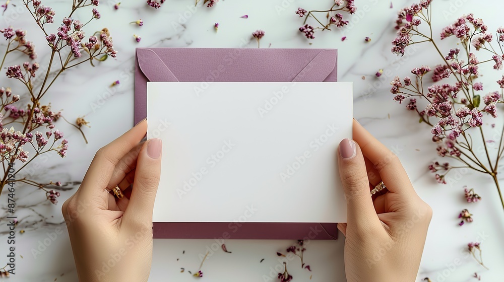 Obraz premium very peri wedding stationery set blank paper wedding invitation card mockup purple envelopes rings dried flowers on marble table.stock image
