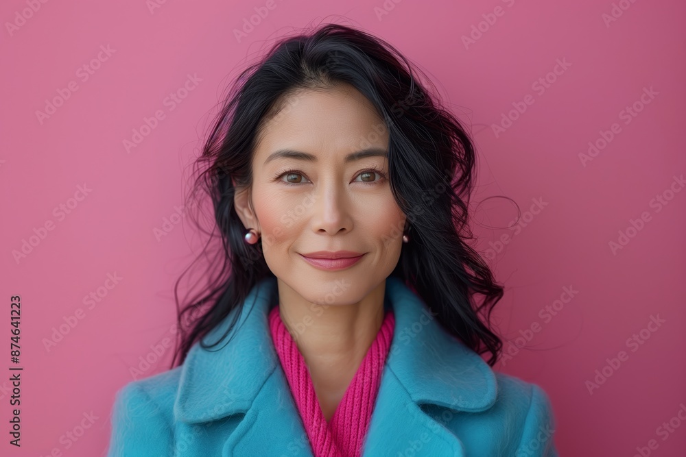Confident 50-Year-Old Asian Professional in Turquoise and Pink Setting Confident 50-Year-Old Asian Professional in Turquoise and Pink Setting