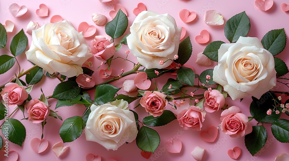 happy valentines day concept flat lay paper hearts,white rose flowers on pink background top view,copy space.illustration happy valentines day concept flat lay paper hearts,white rose flowers on pink background top view,copy space.illustration