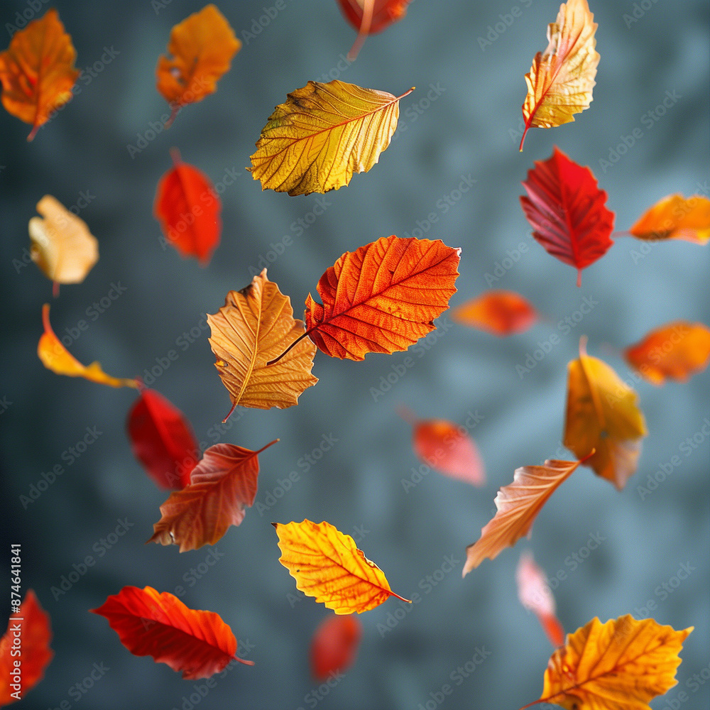 Obraz premium Colorful autumn leaves falling gently against a blurred, blue-gray background.