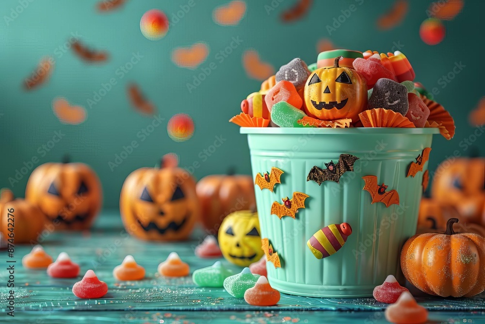 Fototapeta premium A bucket overflowing with colorful Halloween candy on a playful green backdrop with jackolantern faces