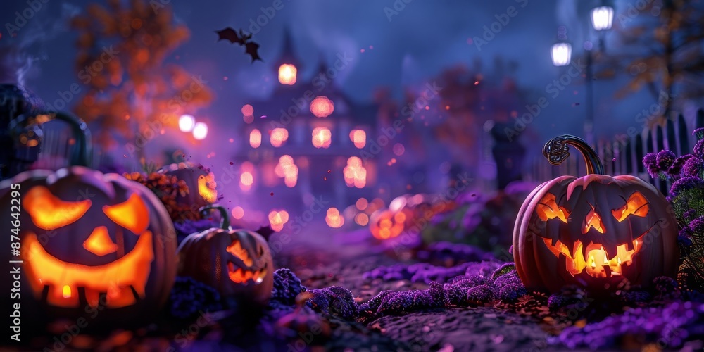 Naklejka premium A variety of jackolanterns with unique and creative designs on a mysterious purple backdrop with a spooky haunted house in the background