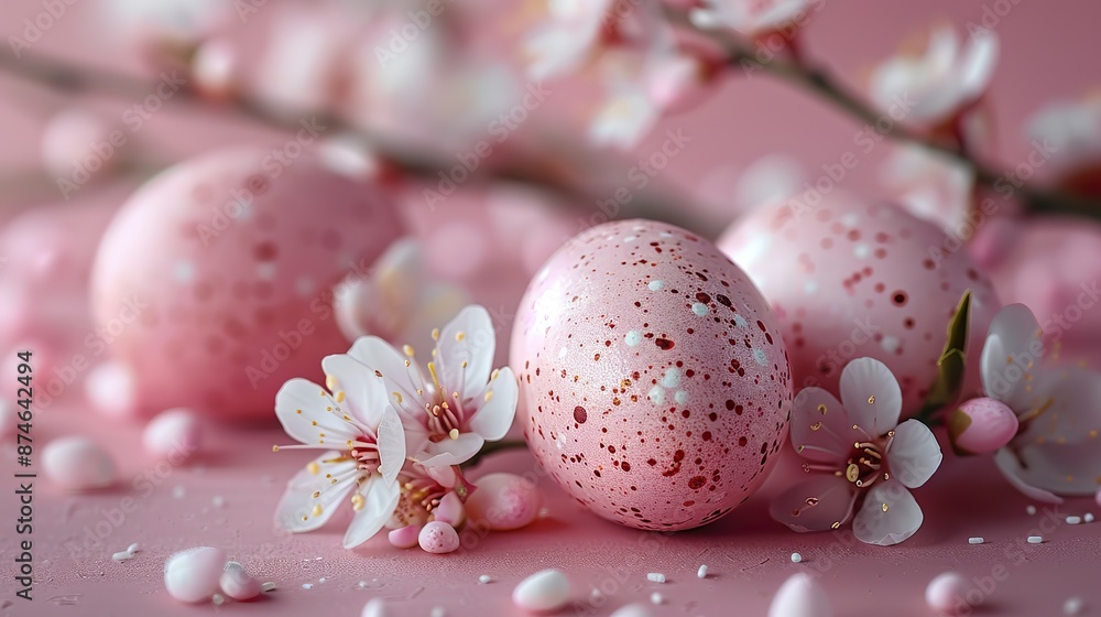 Fototapeta premium happy easter vertical banner design easter eggs,flowers on pastel pink background minimal style.stock image