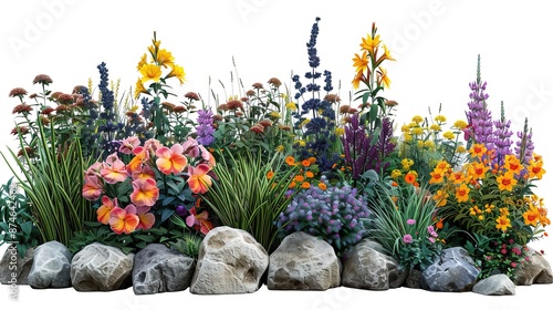 Arrangement of a rain garden with grasses and wildflowers such as irises and marsh marigolds, highlighting water conservation efforts, isolated on a transparent background. photo