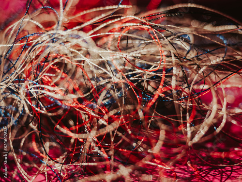 Chaotically tangled threads. Embroidery threads randomly woven. Huge knot. Extreme macro. Beautiful story for intro. Title credits. Abstract screensaver. Handicraft concept, entropy, disorder measure photo