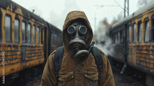 A man in a gas mask stands in front of a train