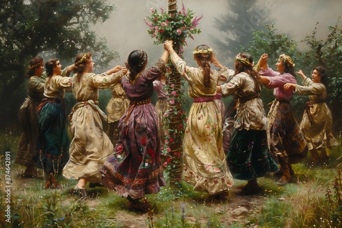 Women Dancing Around a Flower-Adorned Pole in a Forest Clearing