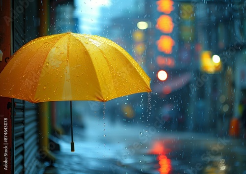 Wallpaper Mural Bright Yellow Umbrella in the Rain on a City Street at Night, Glowing Neon Lights in Background Torontodigital.ca