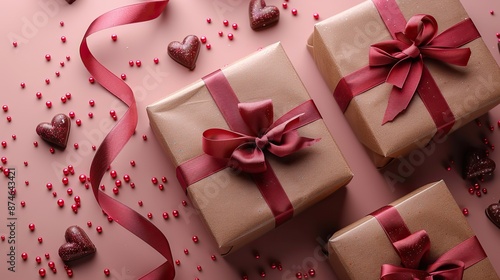 Wallpaper Mural happy valentines day concept flat lay composition,gift boxes red hearts ribbon sweets on pink table.illustration Torontodigital.ca