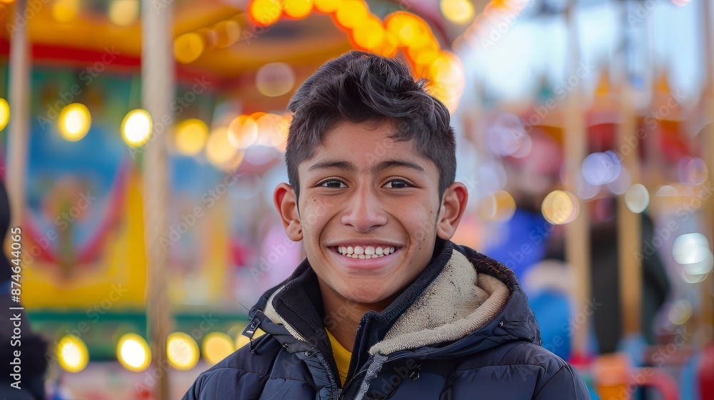 Portrait of a smiling boy at a funfair with colorful lights in the background Portrait of a smiling boy at a funfair with colorful lights in the background