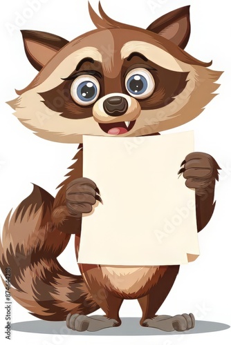 Playful raccoon holding a blank sign with its paws photo
