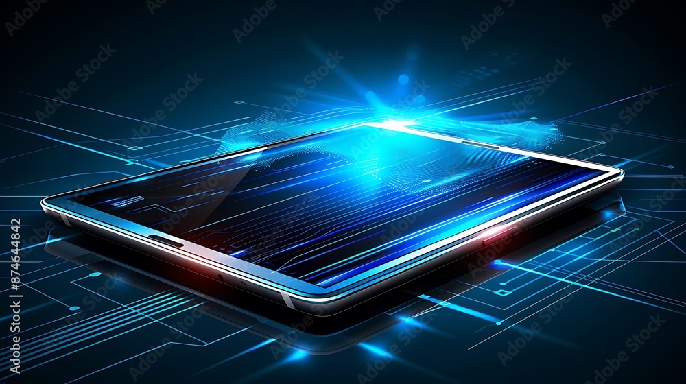 illustration of a futuristic tablet with a blank screen, vibrant tech background, bright colors, ample copy space for text, focus cover all aspects, deep depth of field, no dust illustration of a futuristic tablet with a blank screen, vibrant tech background, bright colors, ample copy space for text, focus cover all aspects, deep depth of field, no dust