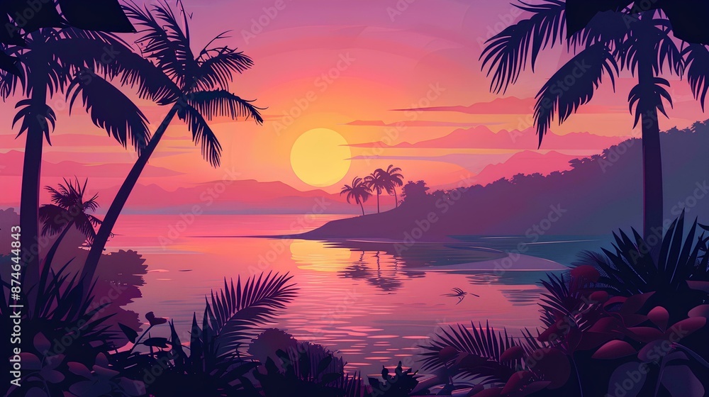 Tropical beach sunset with palm trees and sea landscape. Beautiful colorful sunrise in the sky over ocean water, jungle foliage scene Tropical beach sunset with palm trees and sea landscape. Beautiful colorful sunrise in the sky over ocean water, jungle foliage scene