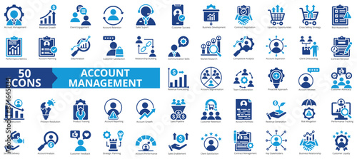 Account management icon collection set. Containing client engagement, retention, sales support, verified, business presentation, contract negotiation, upselling icon. Simple flat vector illustration.