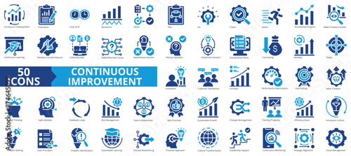 Continuous improvement icon collection set. Containing business, evaluation, innovation, hypothesis, management, optimization, performance icon. Simple flat vector illustration.