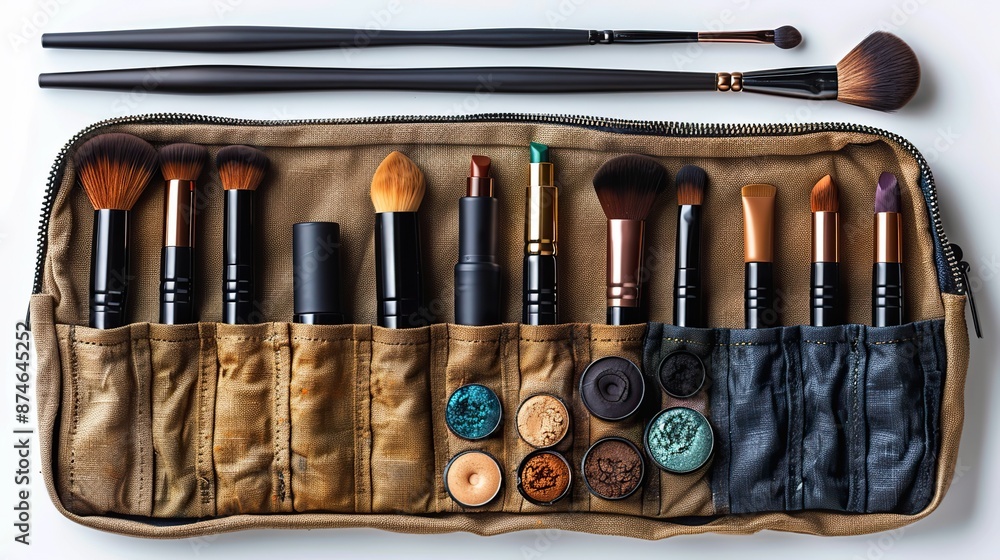 make up cosmetic bag on white background glamour makeup artist pouch,beauty products flat lay top view.stock image