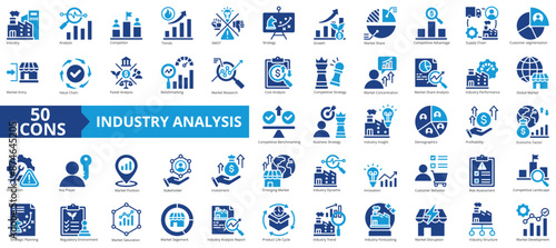 Industry analysis icon collection set. Containing competitor, trends, swot, strategy, growth, market share, competitive advantage icon. Simple flat vector.