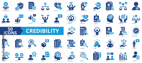 Credibility icon collection set. Containing trustworthiness, reliability, authenticity, integrity, honesty, dependability, accountability icon. Simple flat vector.