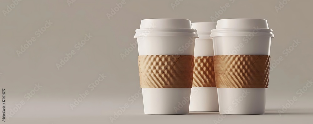3D Render of Three White Coffee Cups with Brown Paper Sleeves 3D Render of Three White Coffee Cups with Brown Paper Sleeves