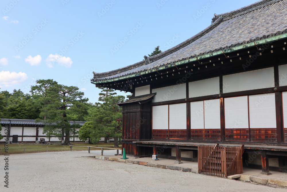 Background landscape of the beauty of Nijo Castle in Kyoto with a clear sky and mountains and trees in summer. nuances of ancient Japanese architecture Background landscape of the beauty of Nijo Castle in Kyoto with a clear sky and mountains and trees in summer. nuances of ancient Japanese architecture