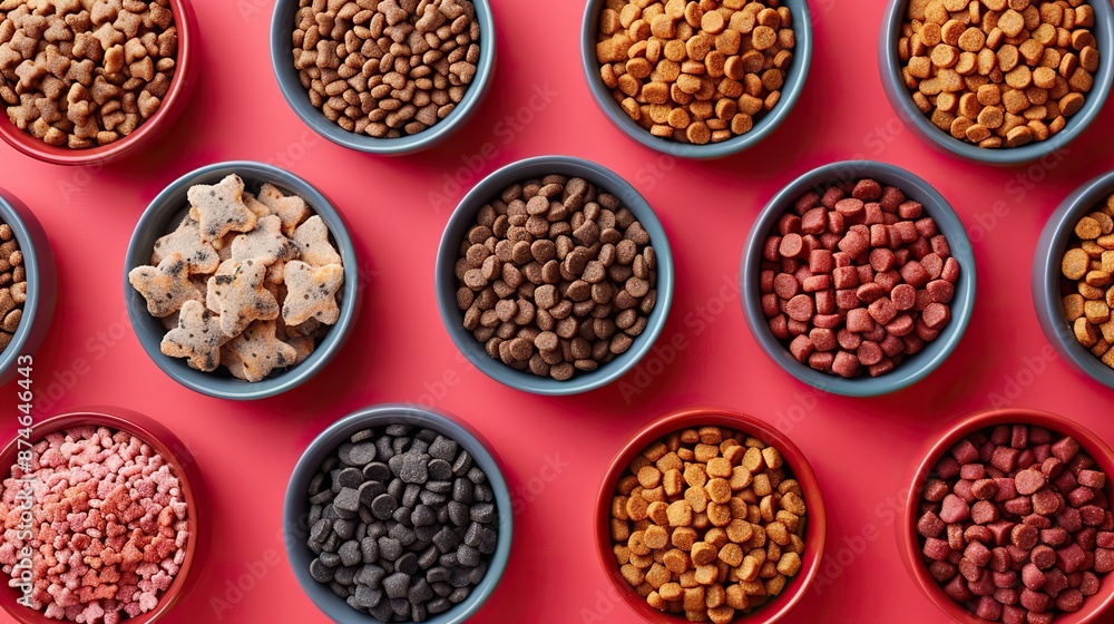 different pet care accessories,bowl of dry food on red background top view flat lay.stock photo different pet care accessories,bowl of dry food on red background top view flat lay.stock photo