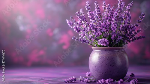 wedding invitation card,lavender flowers on purple background flat lay top view.image