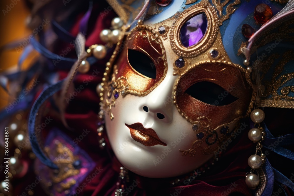 Close-up of an ornate venetian mask adorned with pearls, jewels, and intricate designs Close-up of an ornate venetian mask adorned with pearls, jewels, and intricate designs