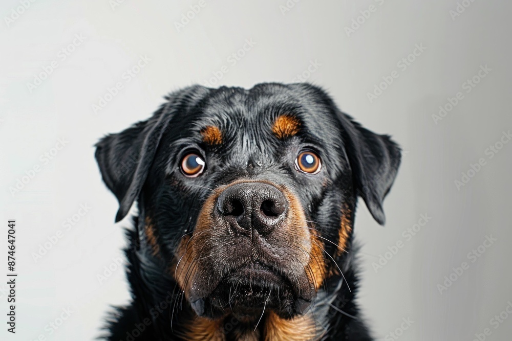 Obraz premium Portrait of alert rottweiler dog gazing at the camera against a white background for animalrelated designs and projects