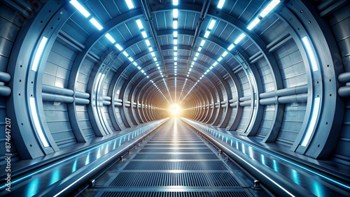 Long futuristic tunnel with white light in the end. 3D rendered background.