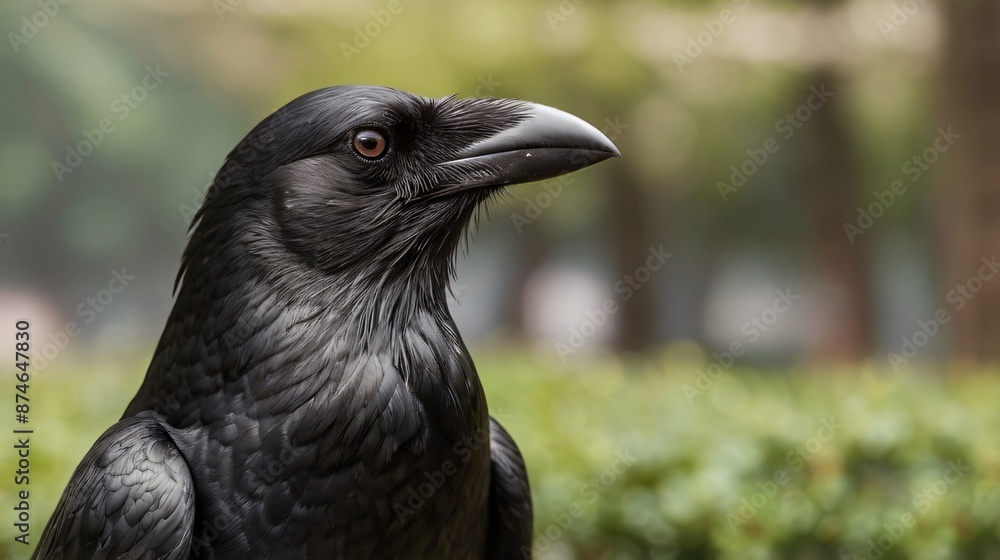 closeup wild black crow or raven bird with blur background closeup wild black crow or raven bird with blur background